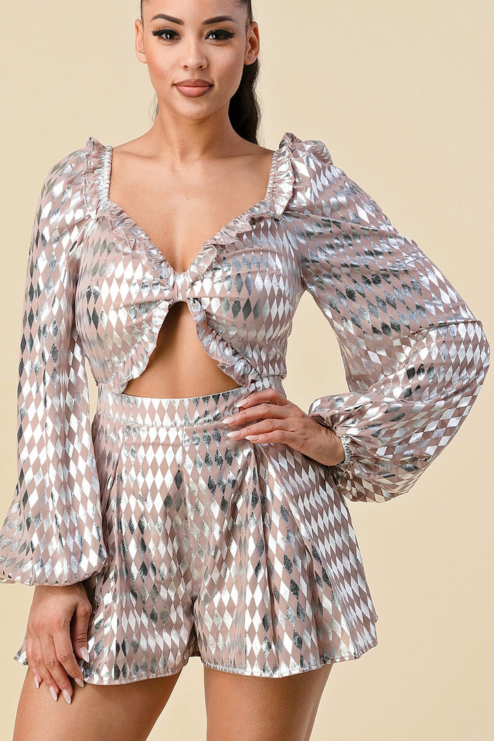 DIAMOND SHAPE PRINTED RIBBON DETAIL ROMPER