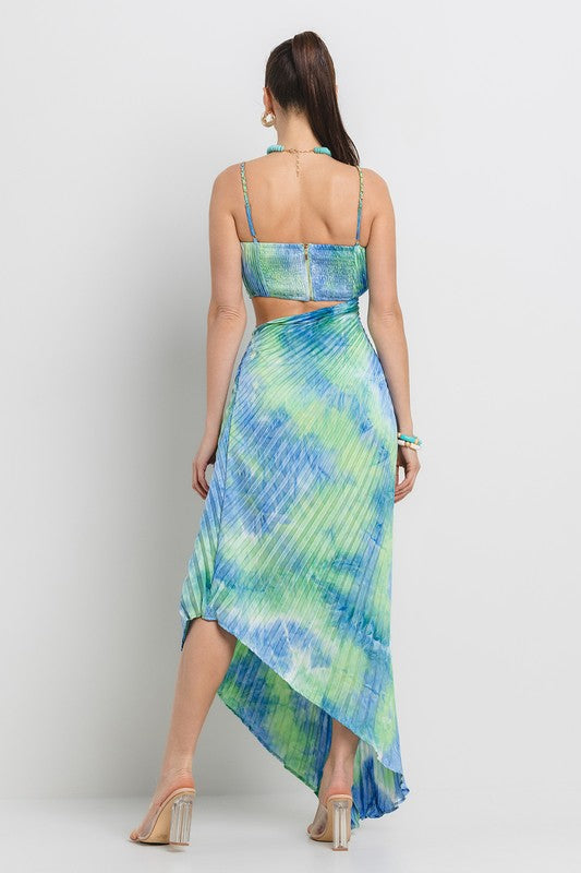 PLEATED ASYMETRIC HEMLINE TIE DYE MIDI DRESS