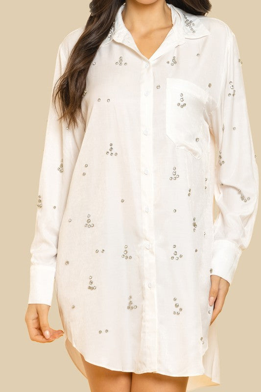 BUTTON FRONT LONG SLEEVE SHIRT DRESS W EMBELLISHME