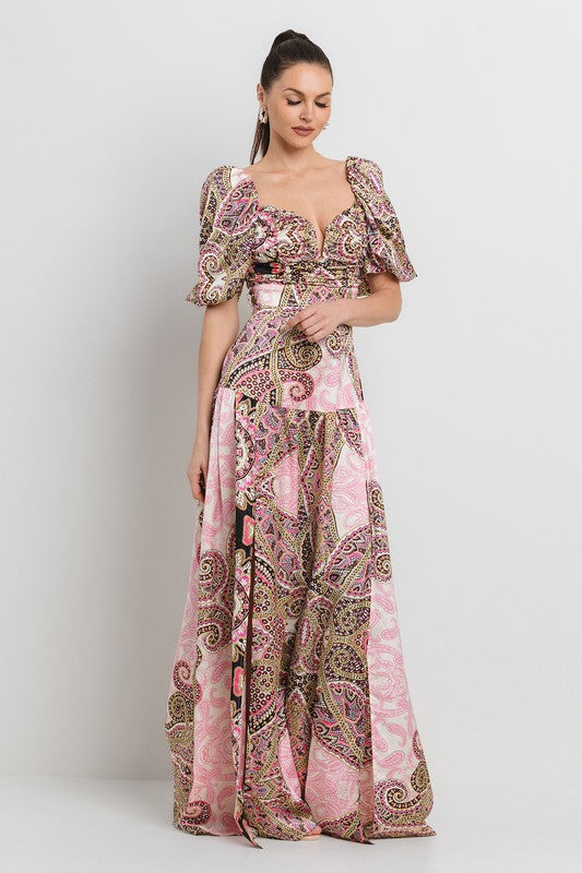 PRINTED SIDE SLIT MAXI DRESS W BELT