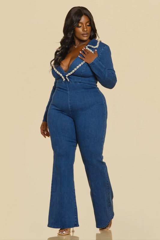 PLUS, NITE OUT EMBELLISHED NOTCHED COLLAR LONG SLV STRETCH DENIM JUMPSUIT