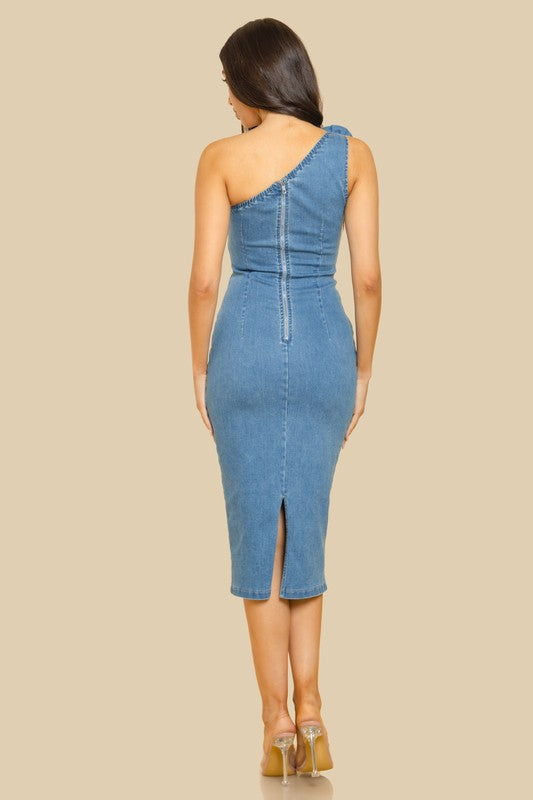 DENIM CORSAGE ATTACHED ONE SHOULDER MIDI DRESS