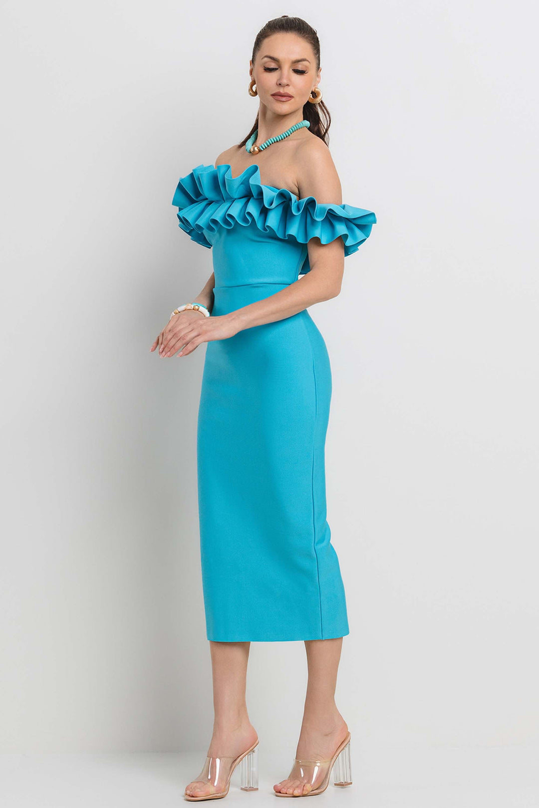 PLEATED RUFFLE OFF SHOULDER BANDAGE MIDI DRESS