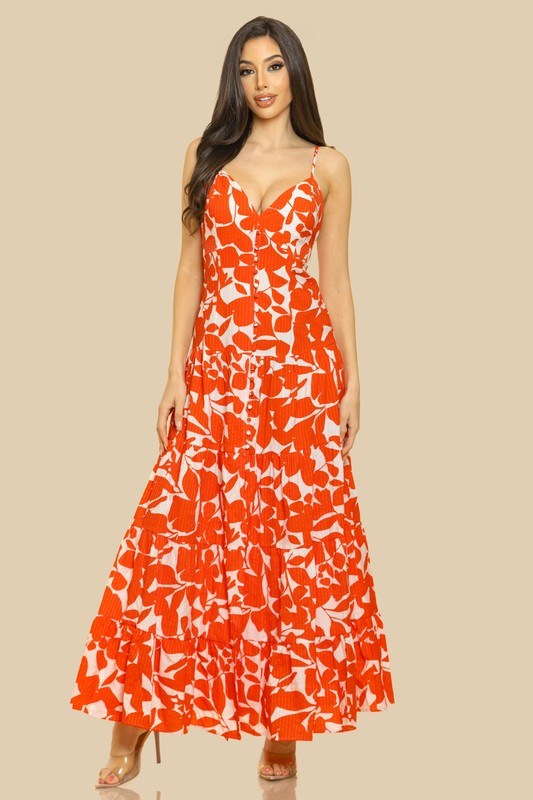 V-NECK SHOULDER STRAP ATTACHED TIERED MAXI  DRESS