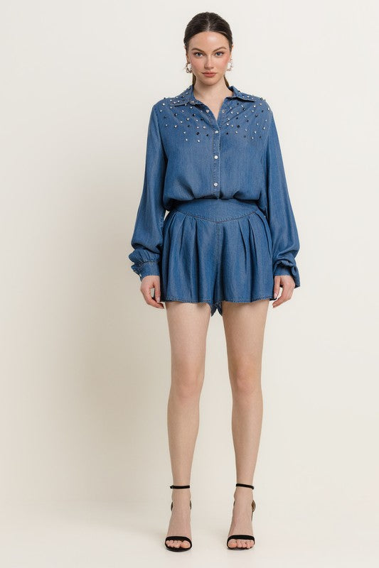 BUTTON FRONT LONG SLV EMBELLISHED SHIRT W/ SHORTS DENIM SET