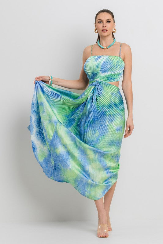 PLEATED ASYMETRIC HEMLINE TIE DYE MIDI DRESS