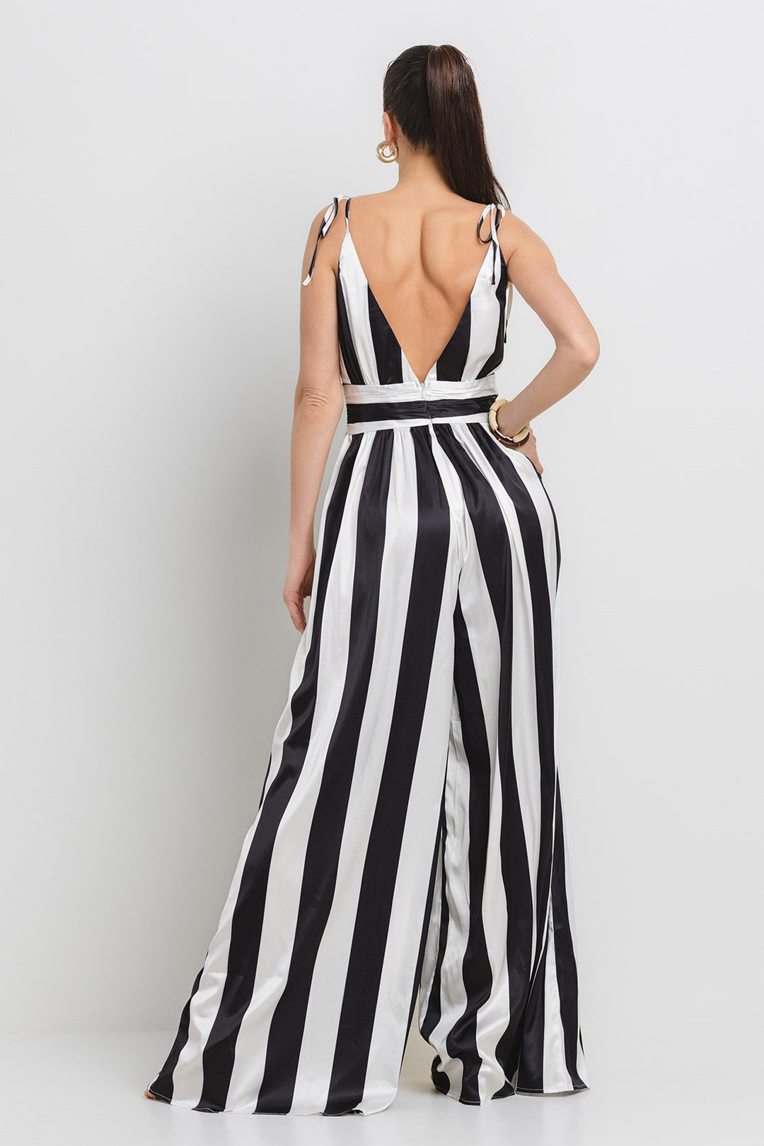 SATIN WIDE EVEN STRIPE WIDE LEG JUMPSUIT