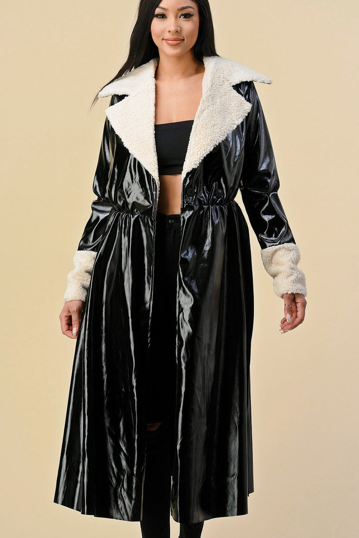 LONG GLOSSY FAUX LEATHER COAT