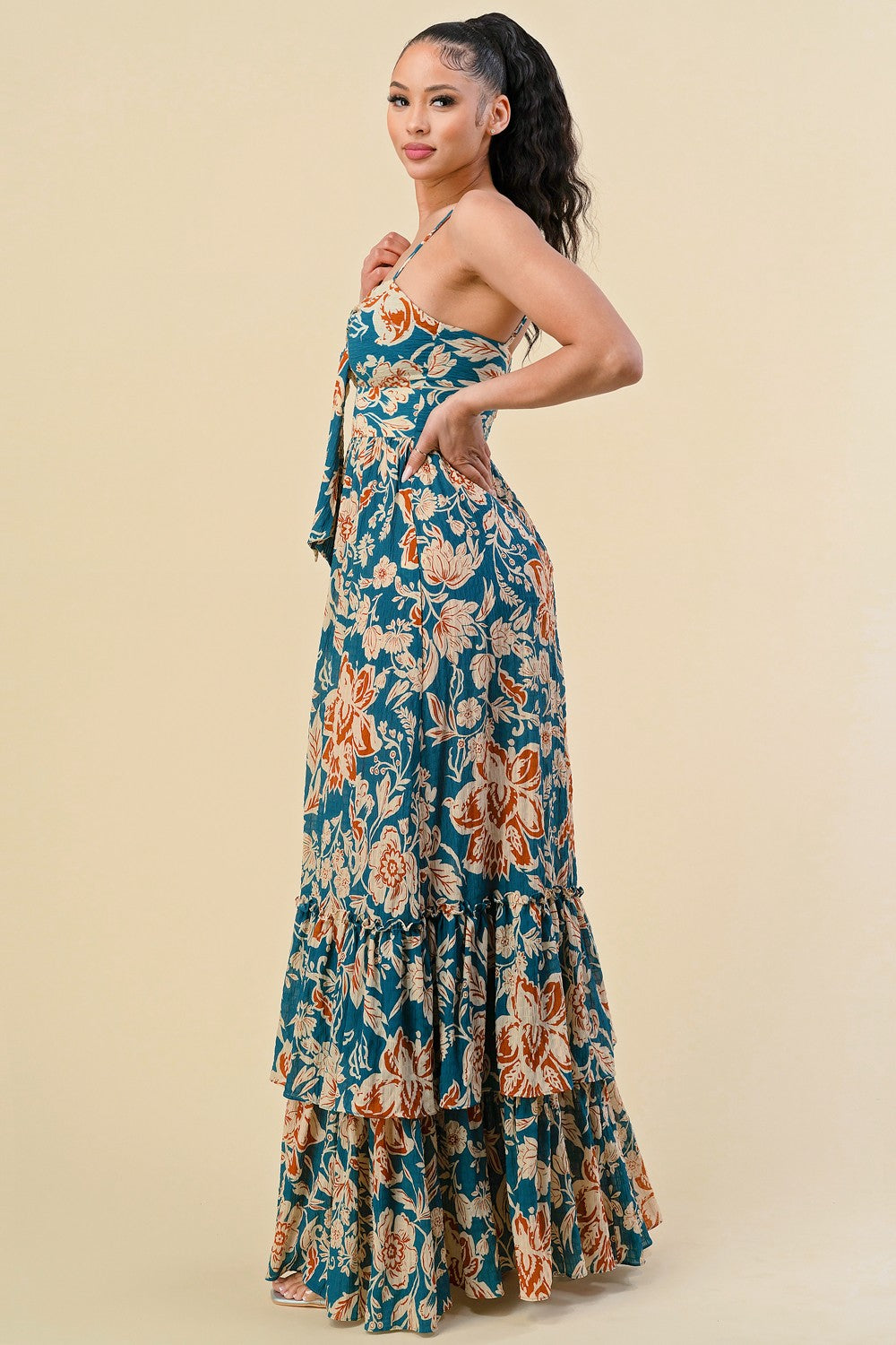 FLORAL PRINT RUFFLED STRAP SHOULDER MAXI DRESS