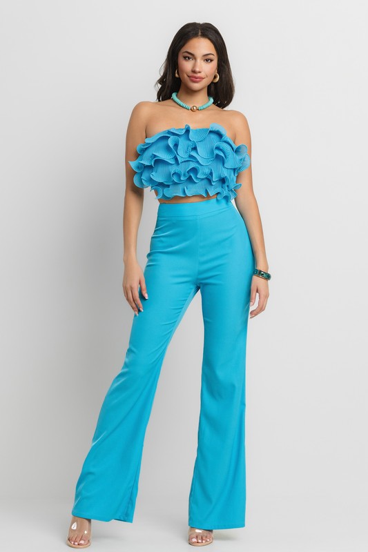 RUFFLE TUBE TOP WITH MATCHING PANTS SET