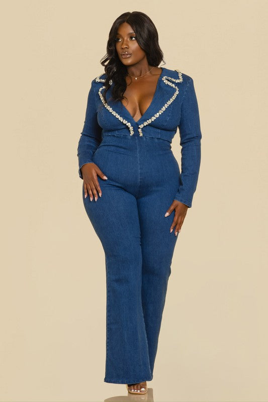 PLUS, NITE OUT EMBELLISHED NOTCHED COLLAR LONG SLV STRETCH DENIM JUMPSUIT