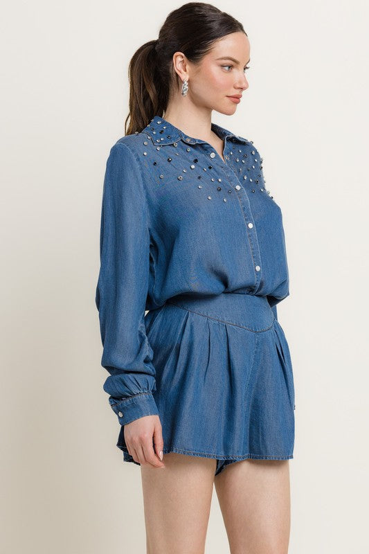 BUTTON FRONT LONG SLV EMBELLISHED SHIRT W/ SHORTS DENIM SET