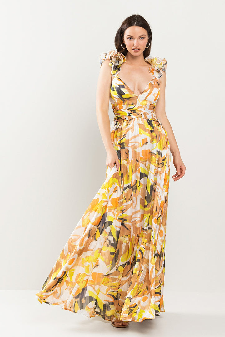 RUFFLED SHOULDER MAXI DRESS