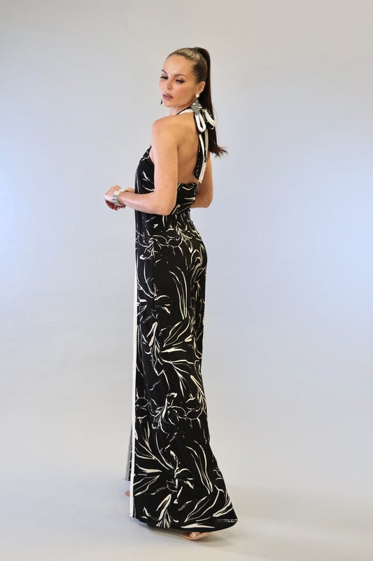 PRINT W CONTRAST BINDING HALTER NECK WIDE LEG JUMP