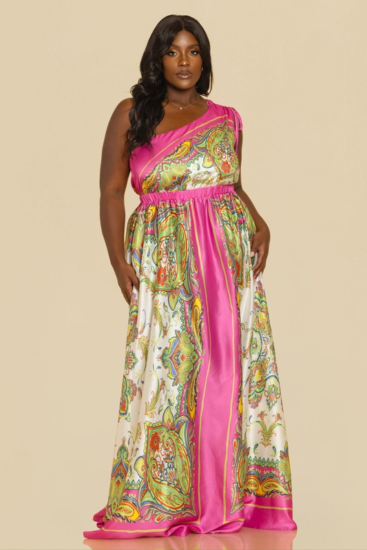 SATIN BORDER PRINT ONE SHOULDER MAXI DRESS PLUS