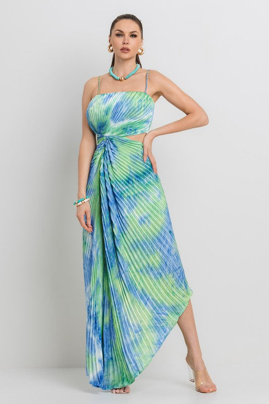 PLEATED ASYMETRIC HEMLINE TIE DYE MIDI DRESS