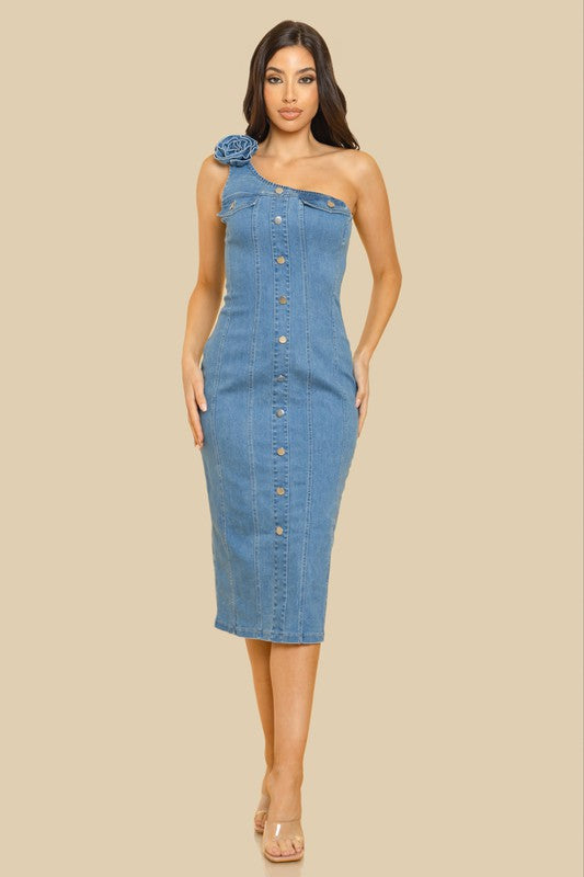 DENIM CORSAGE ATTACHED ONE SHOULDER MIDI DRESS