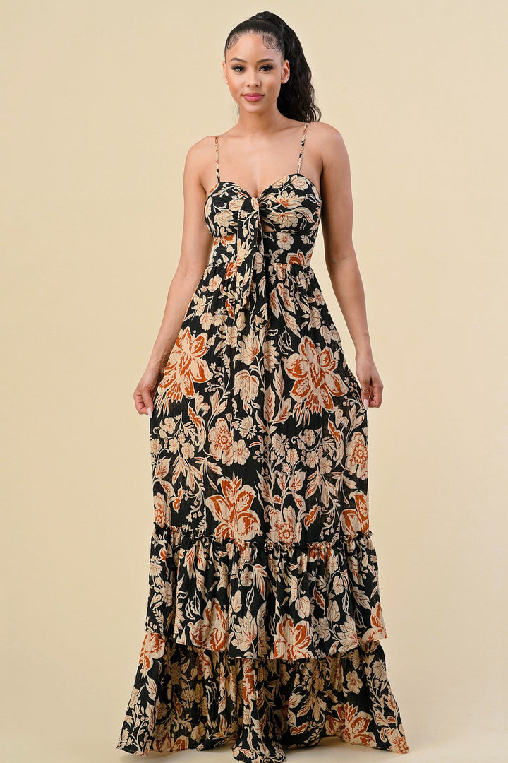 FLORAL PRINT RUFFLED STRAP SHOULDER MAXI DRESS