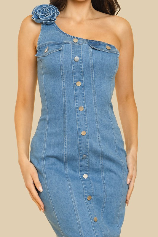 DENIM CORSAGE ATTACHED ONE SHOULDER MIDI DRESS