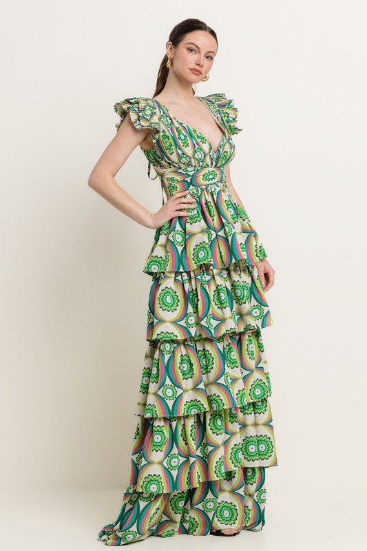 PRINTED RUFFLE MAXI DRESS